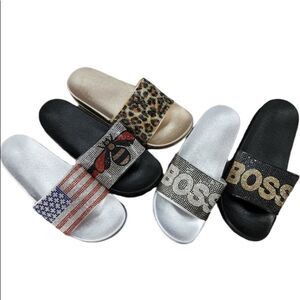 Leopard Rhinestone Trendy Summer Slide Sandals